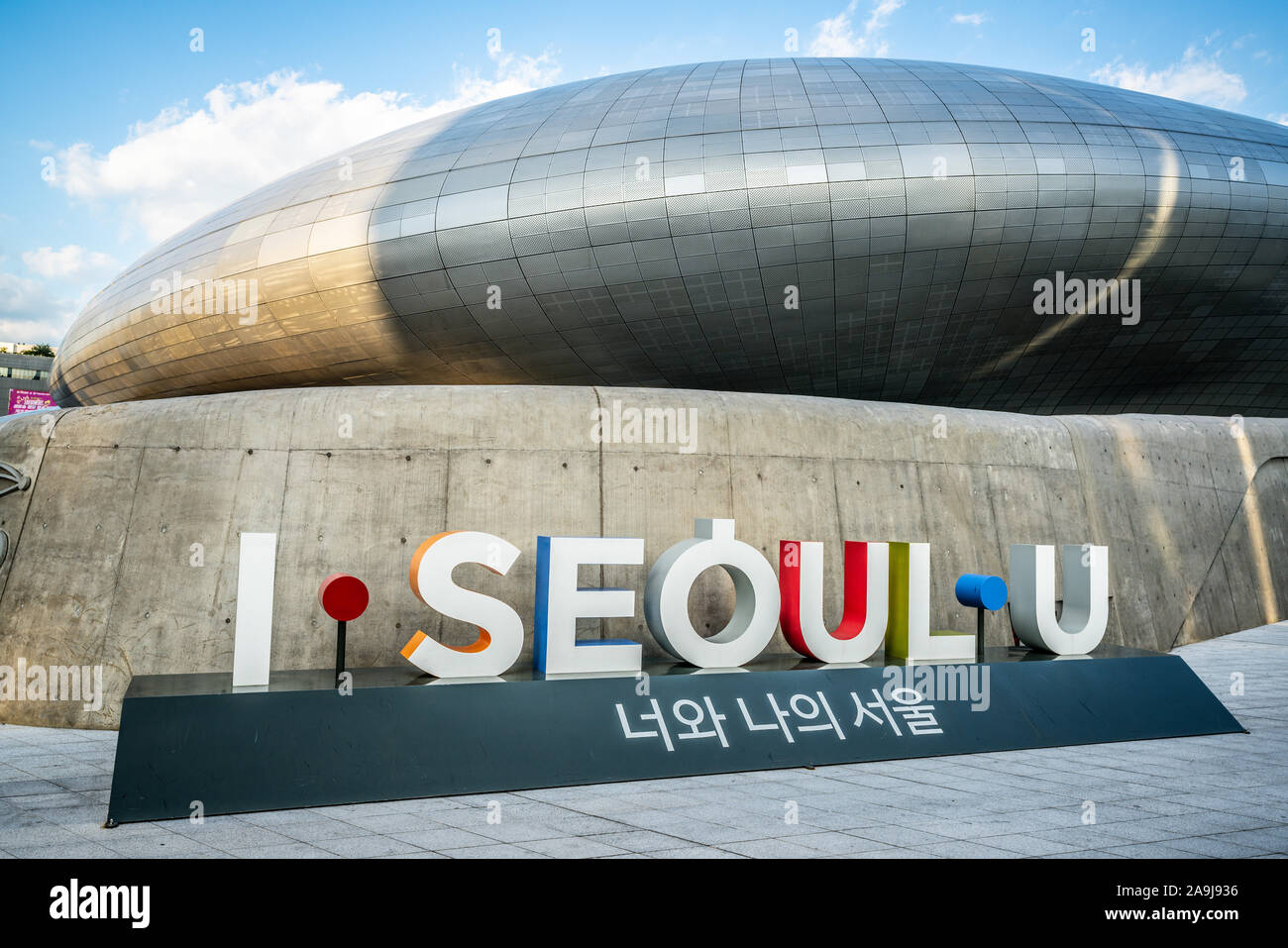 Seoul Korea , 23 September 2019 : Dongdaemun Design Plaza or DDP building view and I.SEOUL.U sign in Seoul South Korea Stock Photo