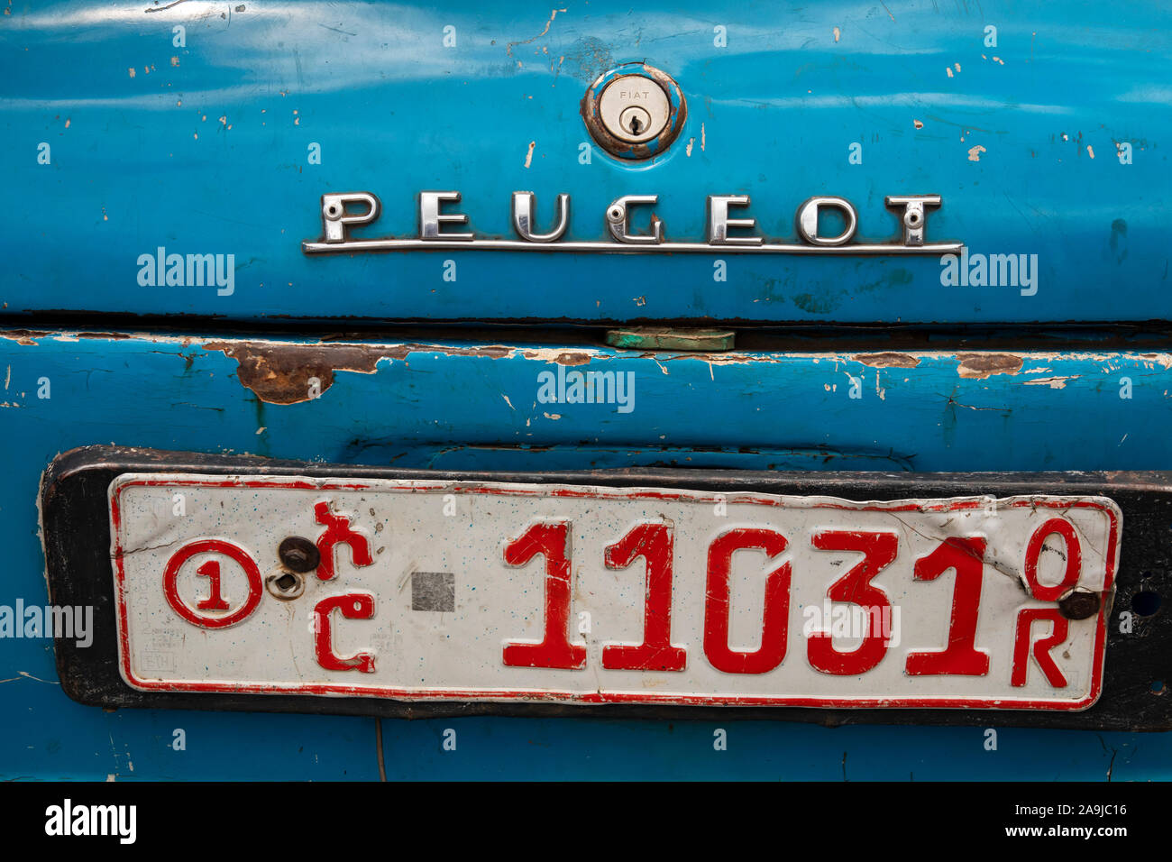 Ethiopia, East Hararghe, Harar, Harar Jugol, Old Walled City, Feres Magala, Chelenko, car registration plate of old Peugeot taxi Stock Photo