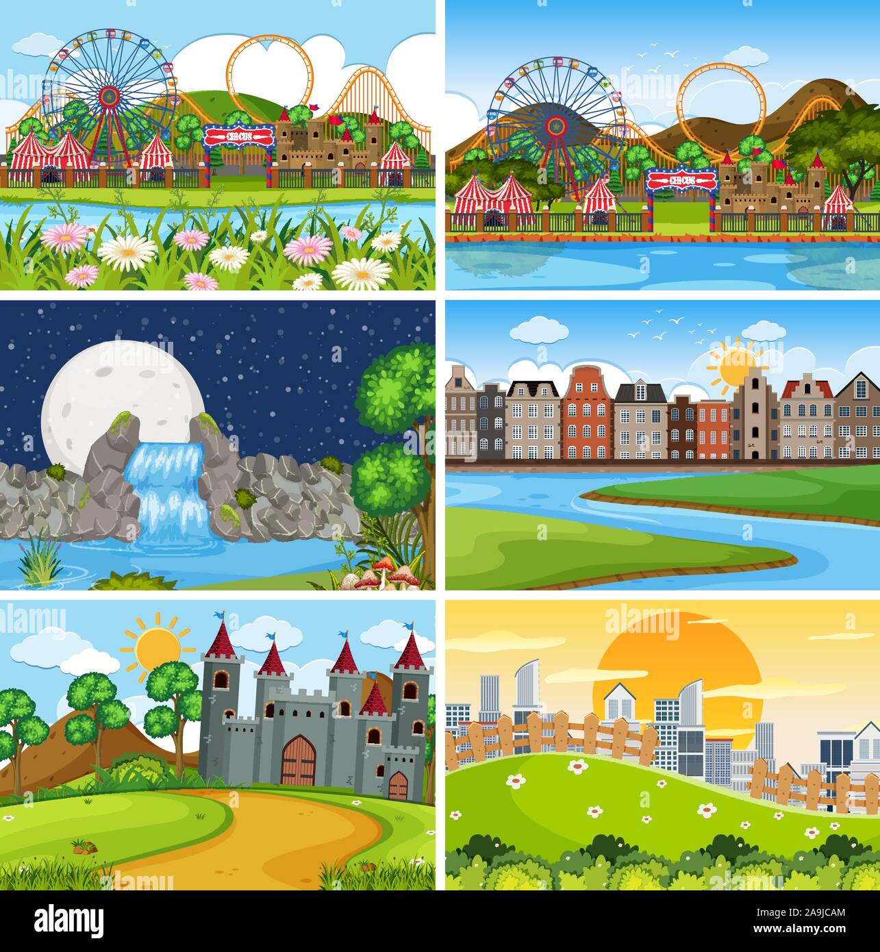 A set of outdoor scene including funfair illustration Stock Vector ...