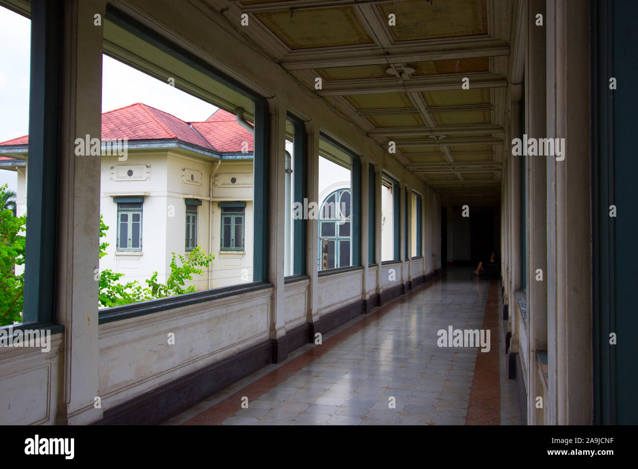 Upstairs airy hallway area at the Phayathai Palace in Bangkok, Thailand. Stock Photo