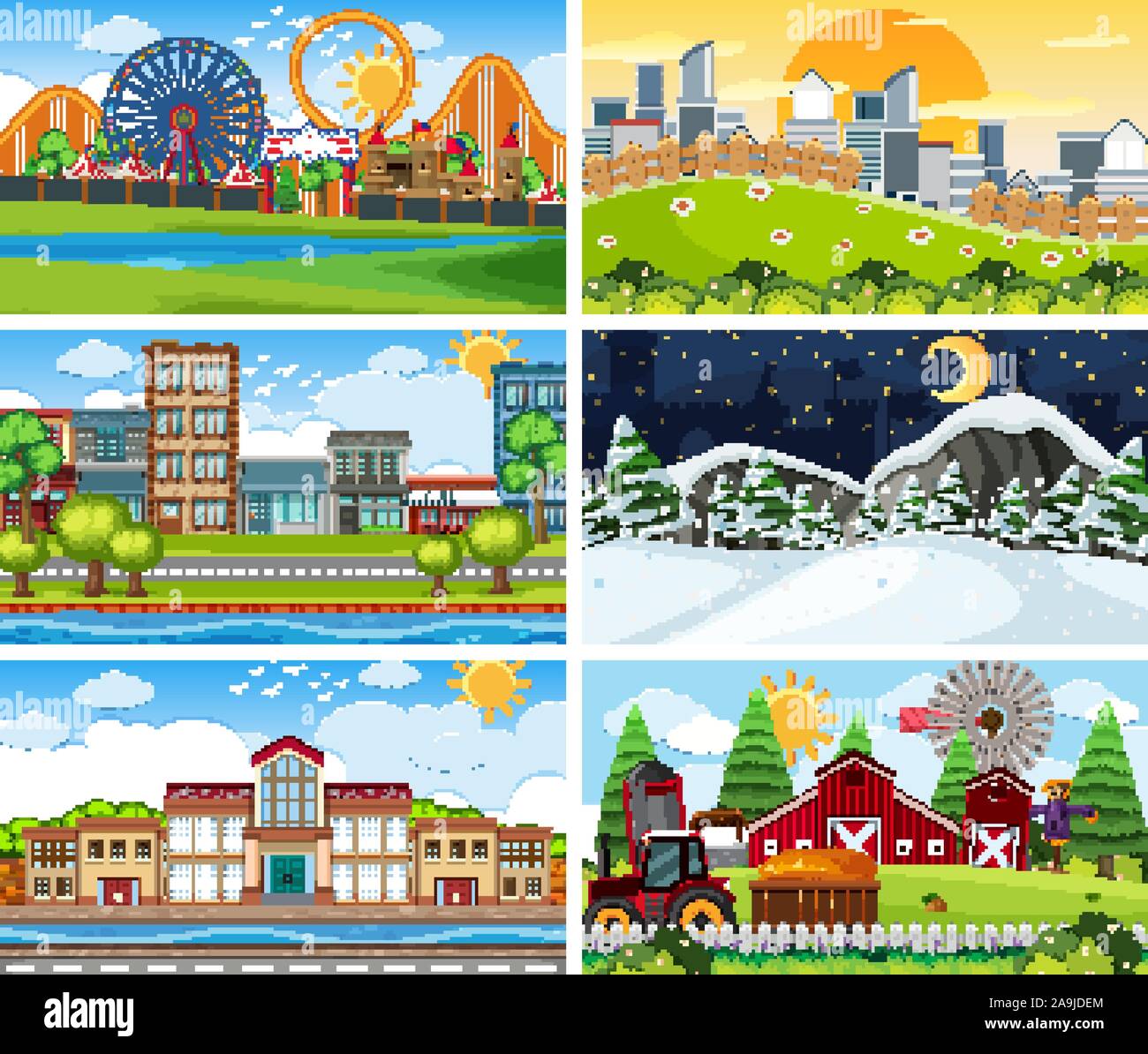 A set of outdoor scene including building illustration Stock Vector ...