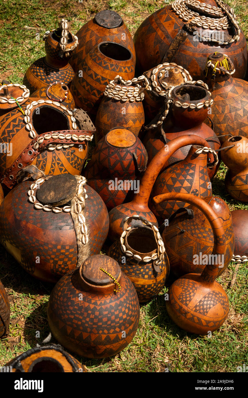 Eth114Ethiopia, South Omo, Key Afer, Thursday Market, crafts section, calabash pots decorated with cowrie shells for sale to tourists Stock Photo