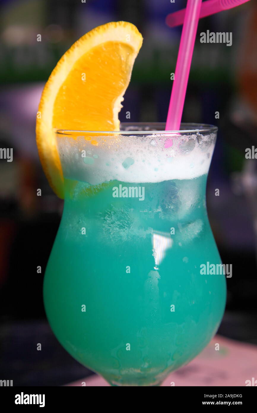 Alcoholic cocktail Blue Hawaii. Blue Hawaii at the bar. Stock Photo