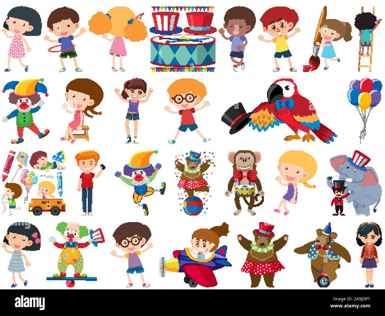 Large set of isolated objects of kids and circus illustration Stock Vector