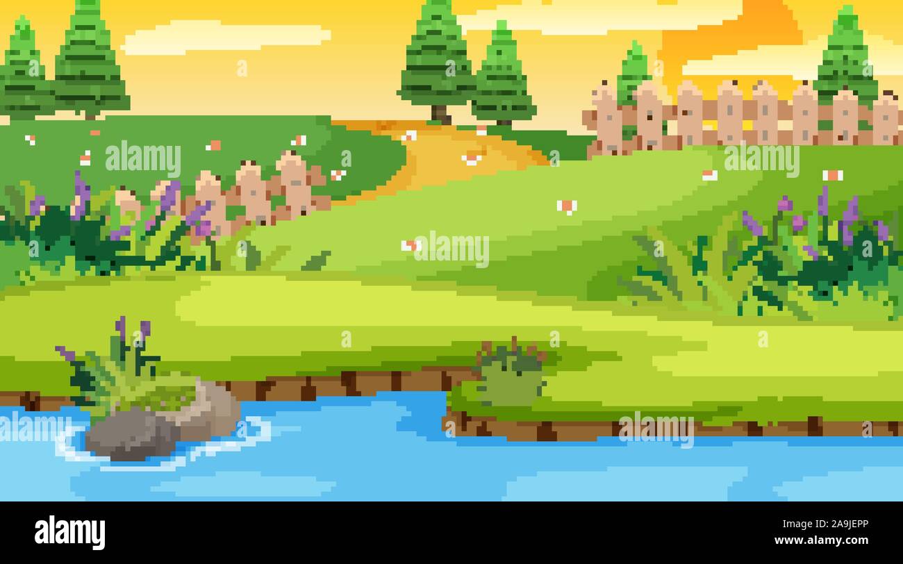 Nature scene with river in the park illustration Stock Vector Image ...