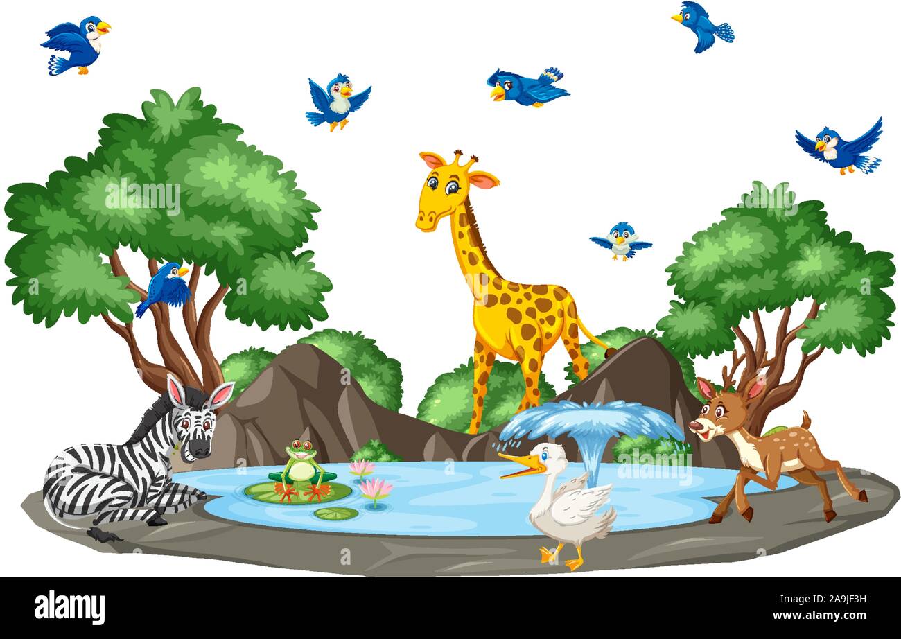Background scene of wild animals and pond illustration Stock Vector ...