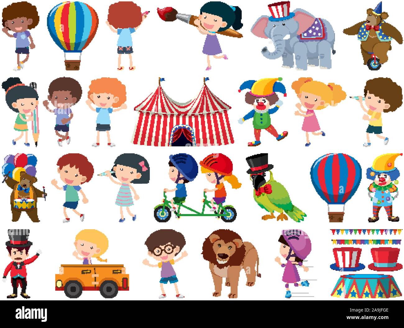 Large set of isolated objects of kids and circus illustration Stock ...