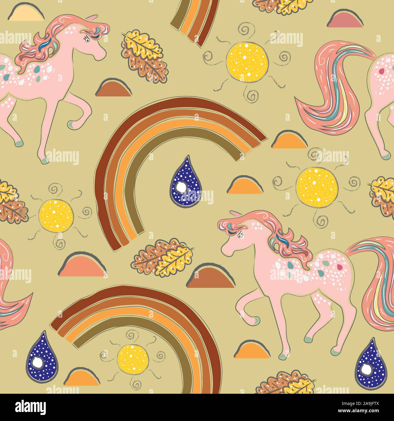Seamless Pattern with cute hand drawn unicorns and rainbows. terracotta ...