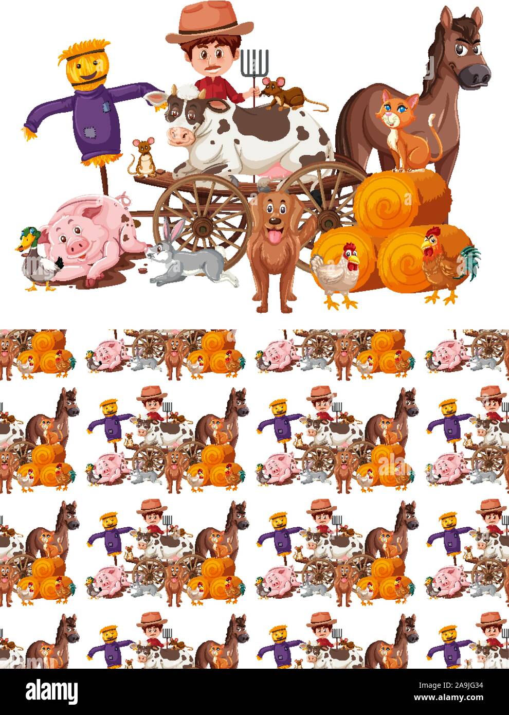 Seamless background design with farmer and animals illustration Stock Vector