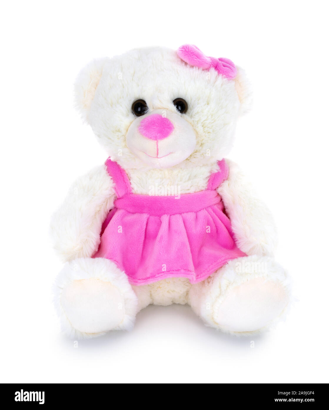 Cute white bear doll with pink skirt and ribbon isolated on white background with shadow reflection. Playful pinky bear sitting on white underlay. Ted Stock Photo