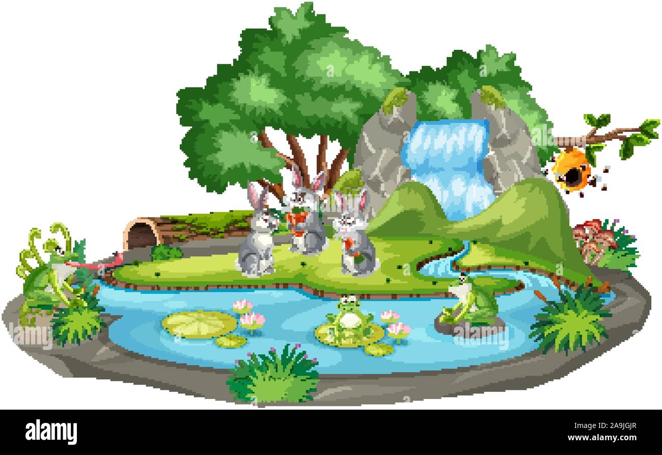 Waterfall Rabbit Arrangement Background scene of rabbits by the waterfall illustration Stock Vector ...