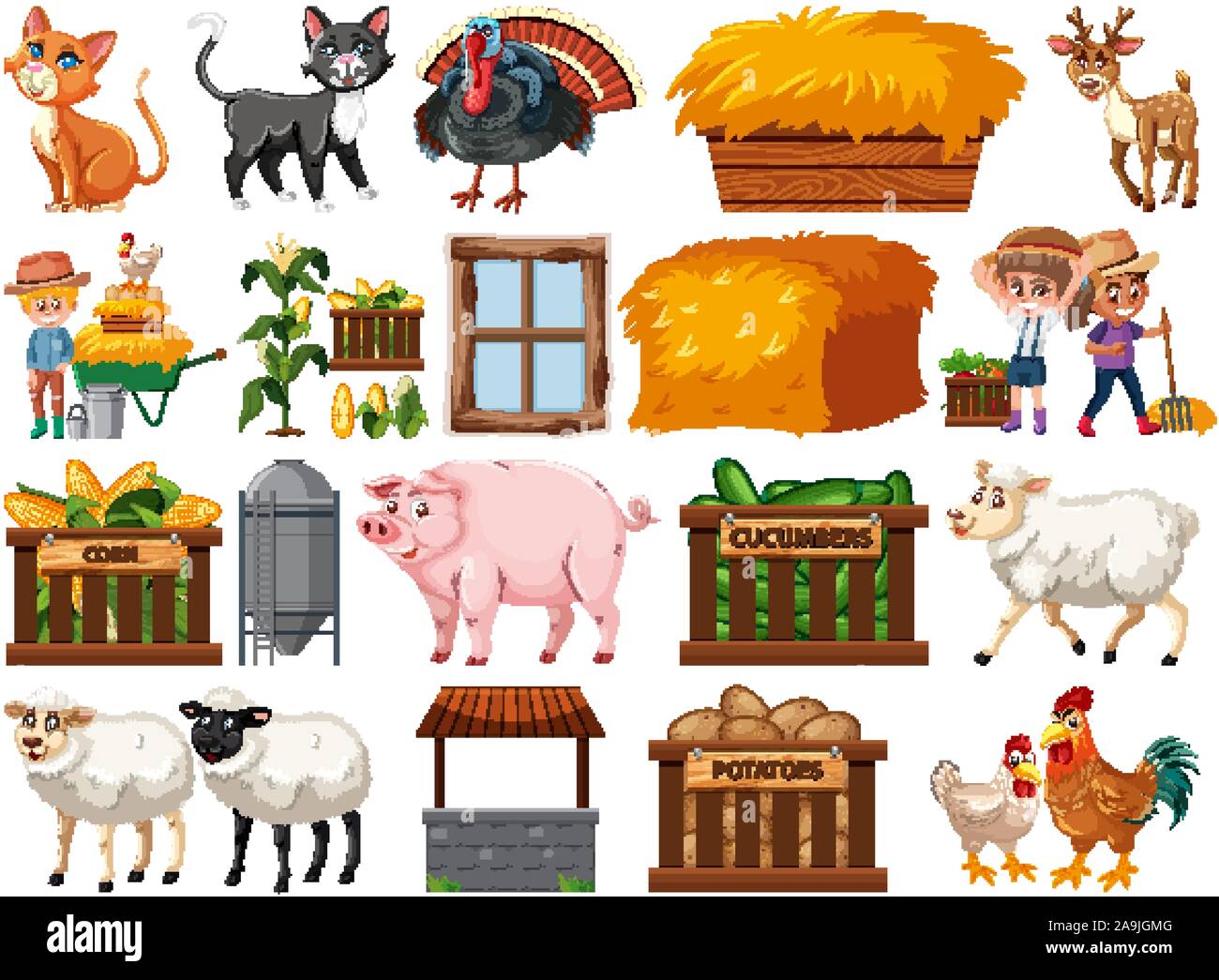 Large set of isolated farm objects illustration Stock Vector