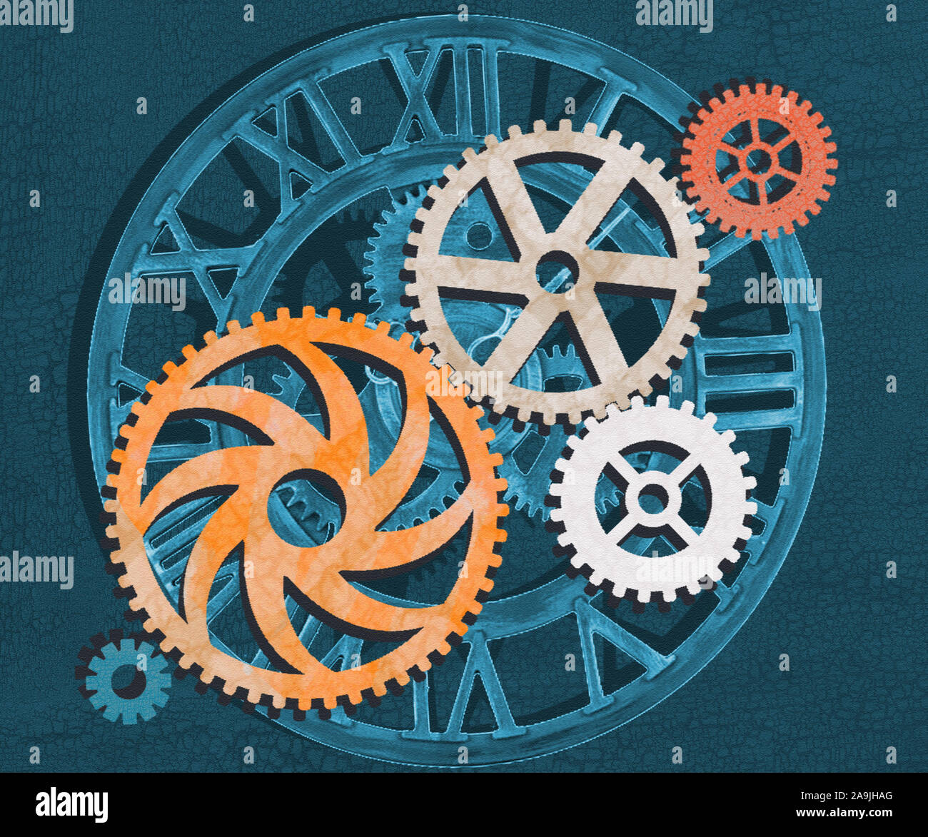 Gear parts of the clockwork. Collage illustration metaphor of time