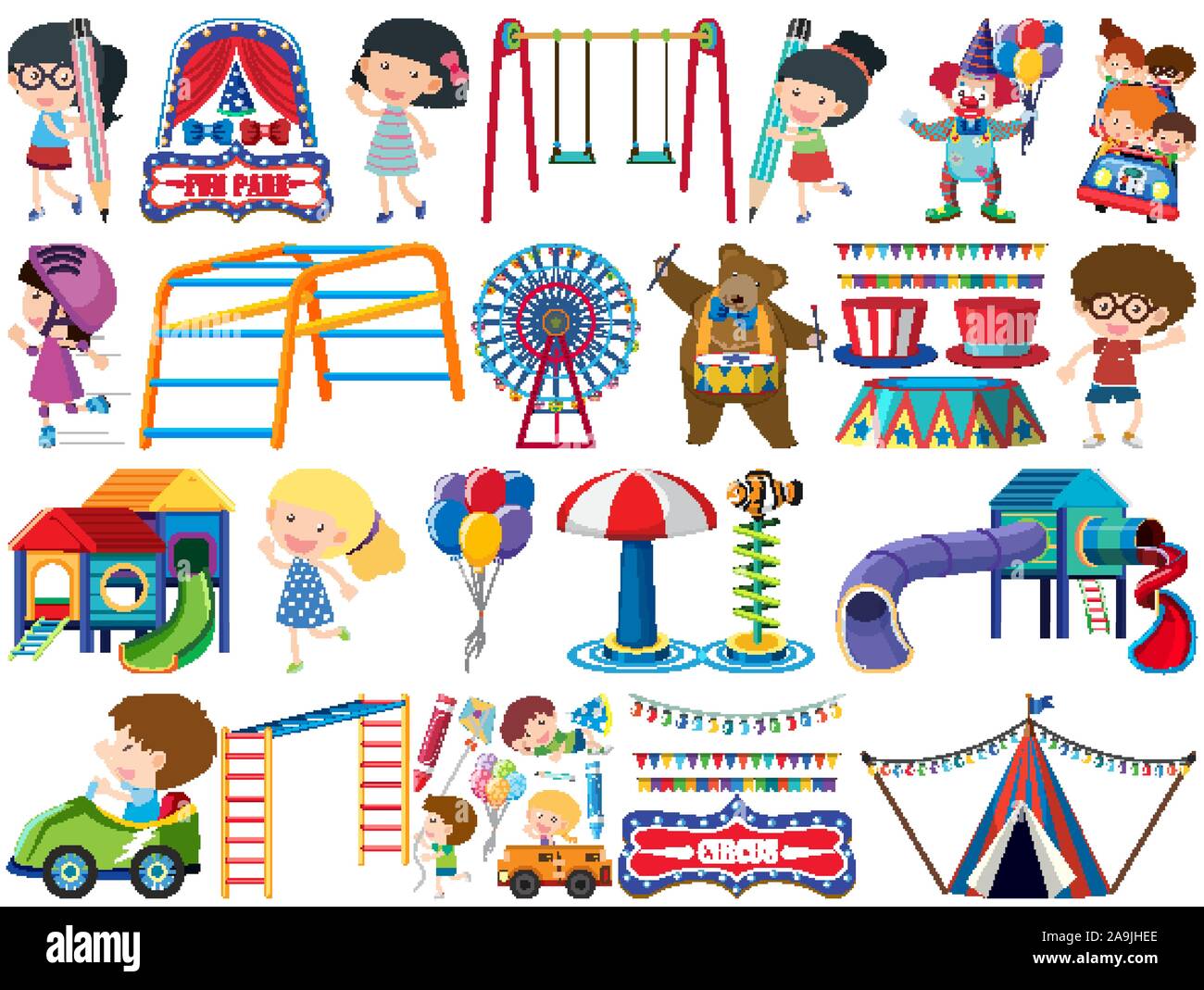 Large set of isolated objects of kids and circus illustration Stock ...