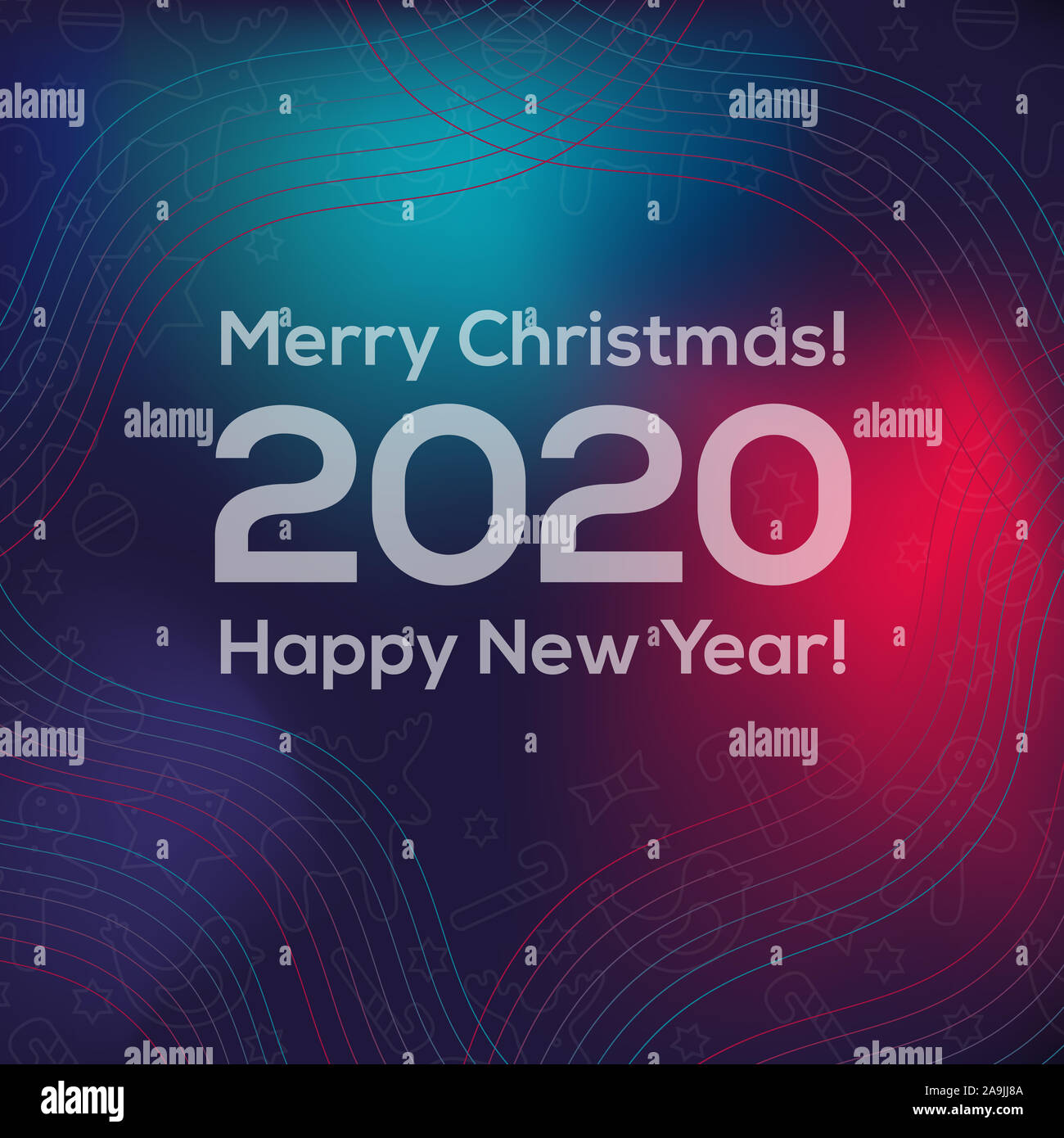 2020 New Year's, Christmas cover with deer, balloons, stars, candies. Wavy, geometric background, modern gradient, curved shape, in blue and red hues. Stock Photo