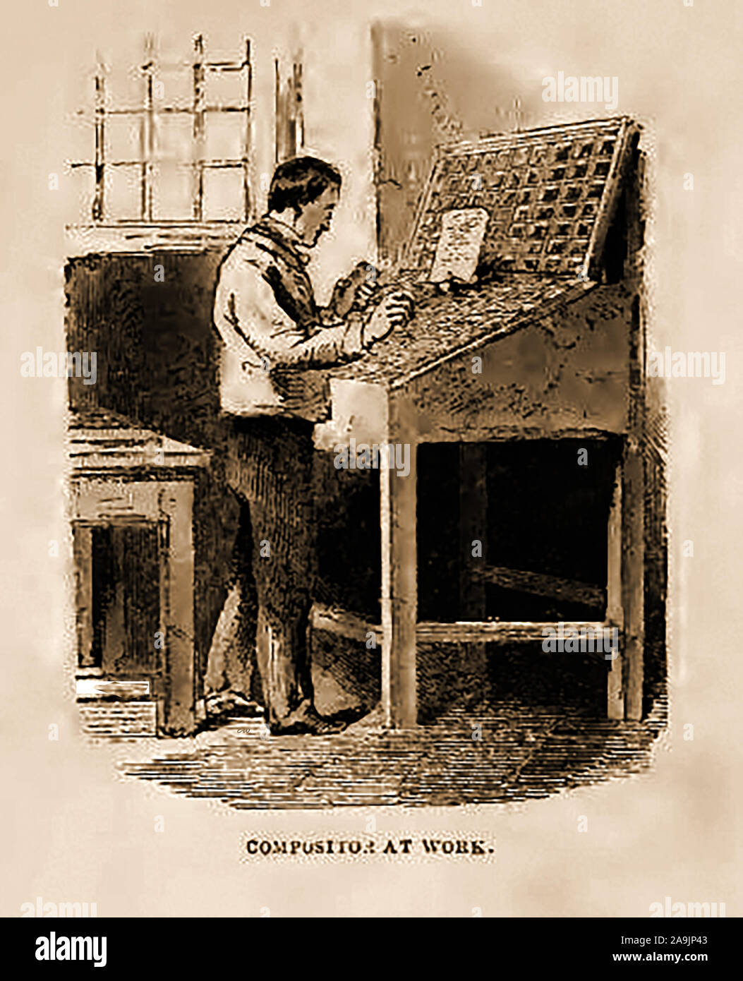 A Victorian wash drawing of a British compositor setting type by hand in a newspaper composing room.  Individual sorts (letters) are picked from a type case and arranged into a  composing stick before being made into lines and then placed on a form (page layout). Stock Photo