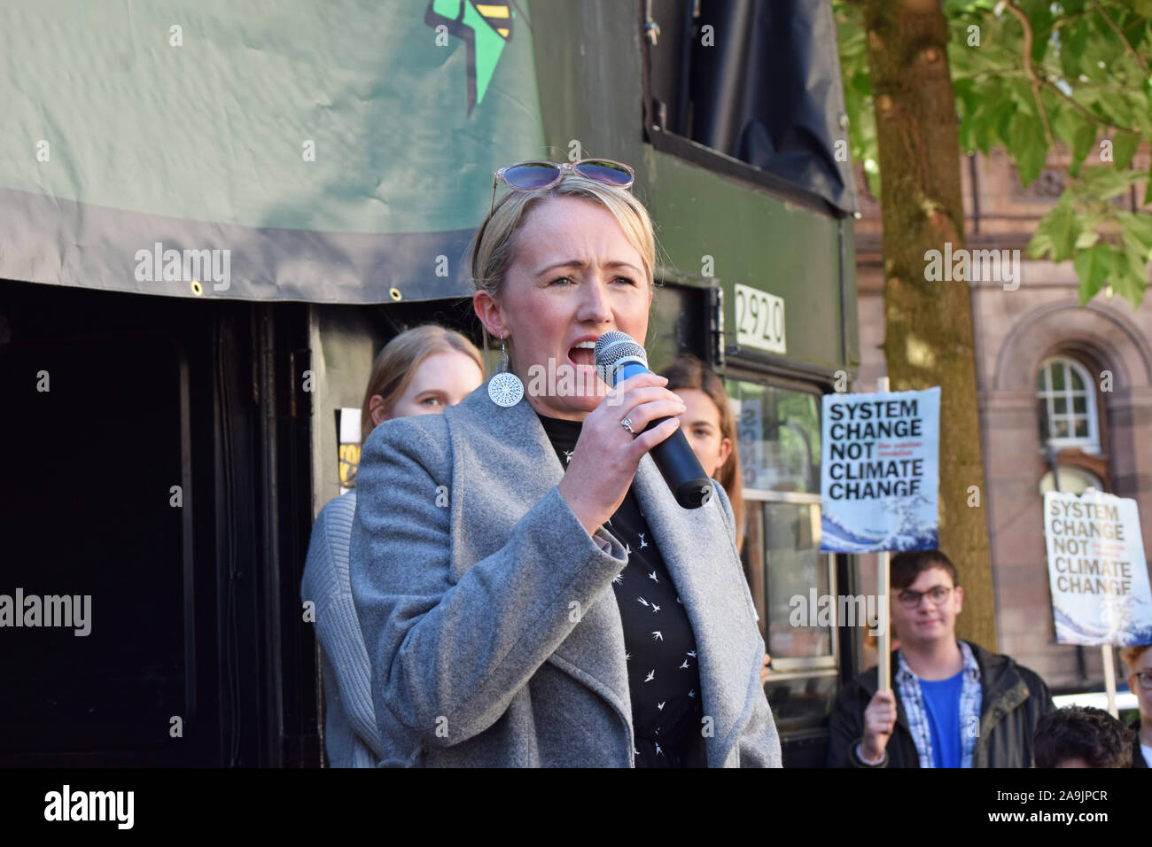 Youth Strike for Climate Protest, St Peter's Square Manchester. Rebecca Long Bailey MP for Salford and Eccles speaks to the crowd Stock Photo
