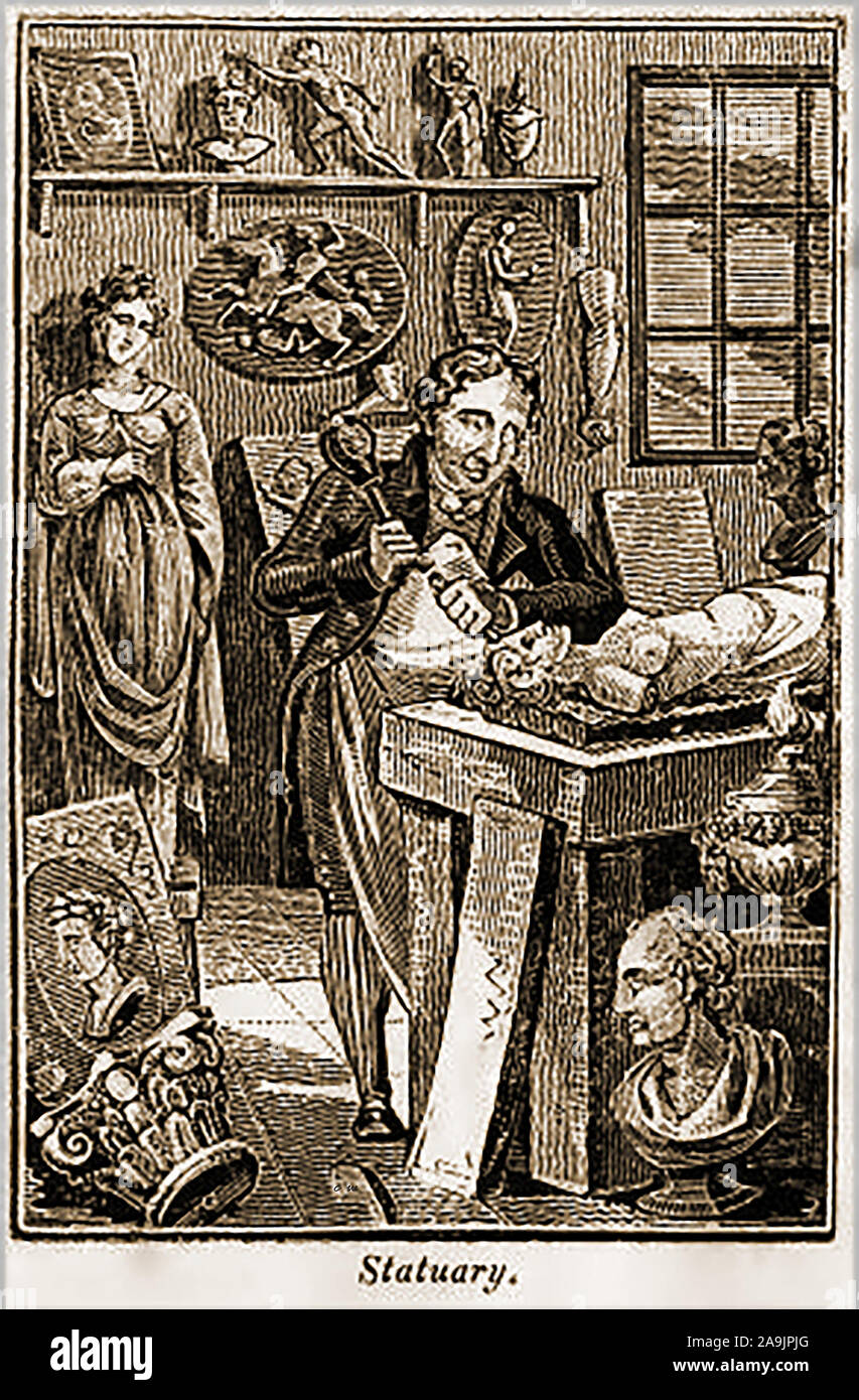 An 18th century woodcut engraving showing an English  'statuary' or carver of statues, statuettes, busts, sculptures, figurines, cherubs, birdbaths,   gargoyles and images in stone or plasterer (by and) at work in his workshop. Stock Photo