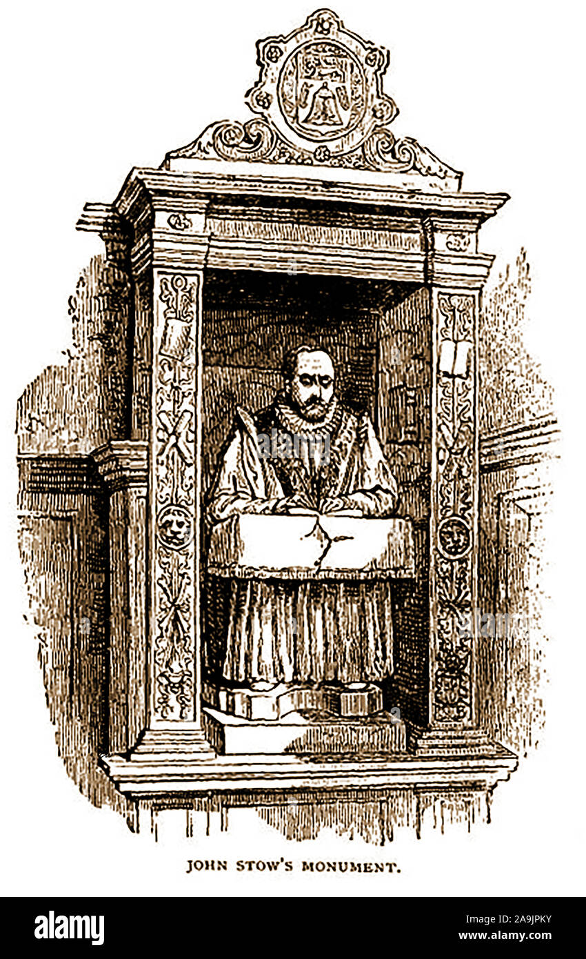 A Victorian illustration of the monument and  effigy of John Stow (Stowe), historian,chronicler and antiquarian(1524-1605) in the  Church of St Andrew Undershaft,   London, UK. It bears the  arms of the Worshipful Company of Merchant Taylors and a  Latin inscription: 'Either act by writing or write by reading'. His wide  circle of antiquarian friends included Archbishop Matthew Parker, John Joscelyn,  William Fleetwood, William Lambarde, Robert Glover, Henry Savile, William Camden, Henry John Dee, and Thomas Hatcher Stock Photo
