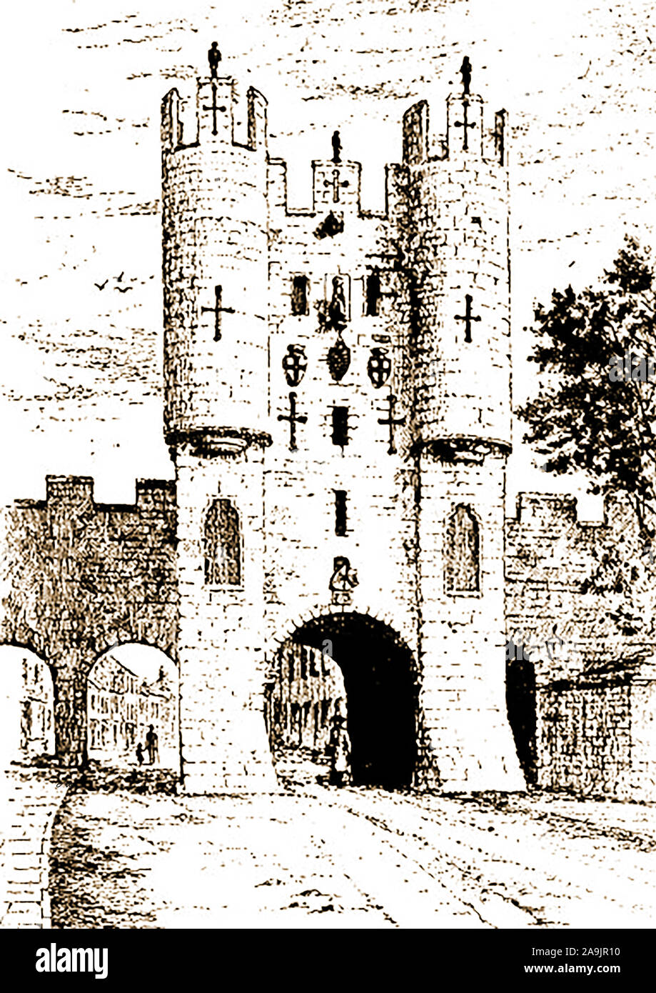 An old print of Micklegate Bar, York, UK before removal of the 4th arch (left). This and much of the rest of the city walls are still intact. This, the main,southern  and ceremonial  entrance to the old city was erected between 1196 – 1230 on older foundations and has been changed over the years including the removal  and restoration of its barbican, and the removal of its portcullis and fourth archway. In ancient times, the heads of criminals and traitors were attached to the building on skewers e.g. include Sir Henry Percy (Hotspur) in 1403 and Richard, Duke of York in 1460 Stock Photo