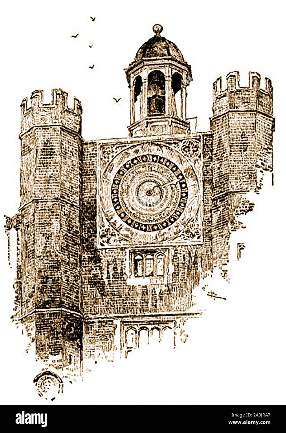 A Victorian sketch of the astronomical clock at Hampton Court Palace. which was designed by the Bavarian Nicholas Cratzer,   the ‘Deviser of   King Henry VIII’s  horloges' (time-pieces). Construction is said to have been by the Frenchman Nicholas Oursian or his workers,Lawrence Daunton (French)  and Peter Doute (Dutch) Stock Photo