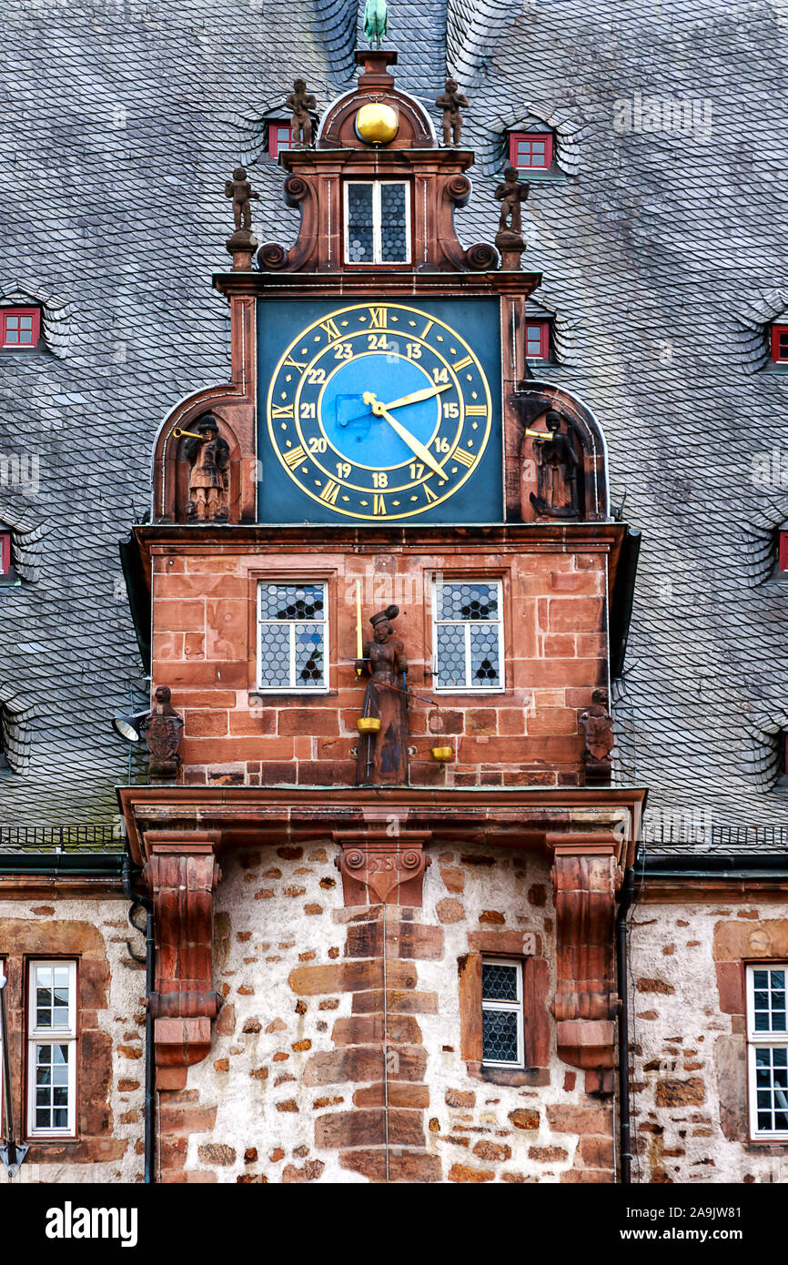 Town Hall renaissance tower with the clock gable in university town of Marburg, Hesse, Germany Stock Photo