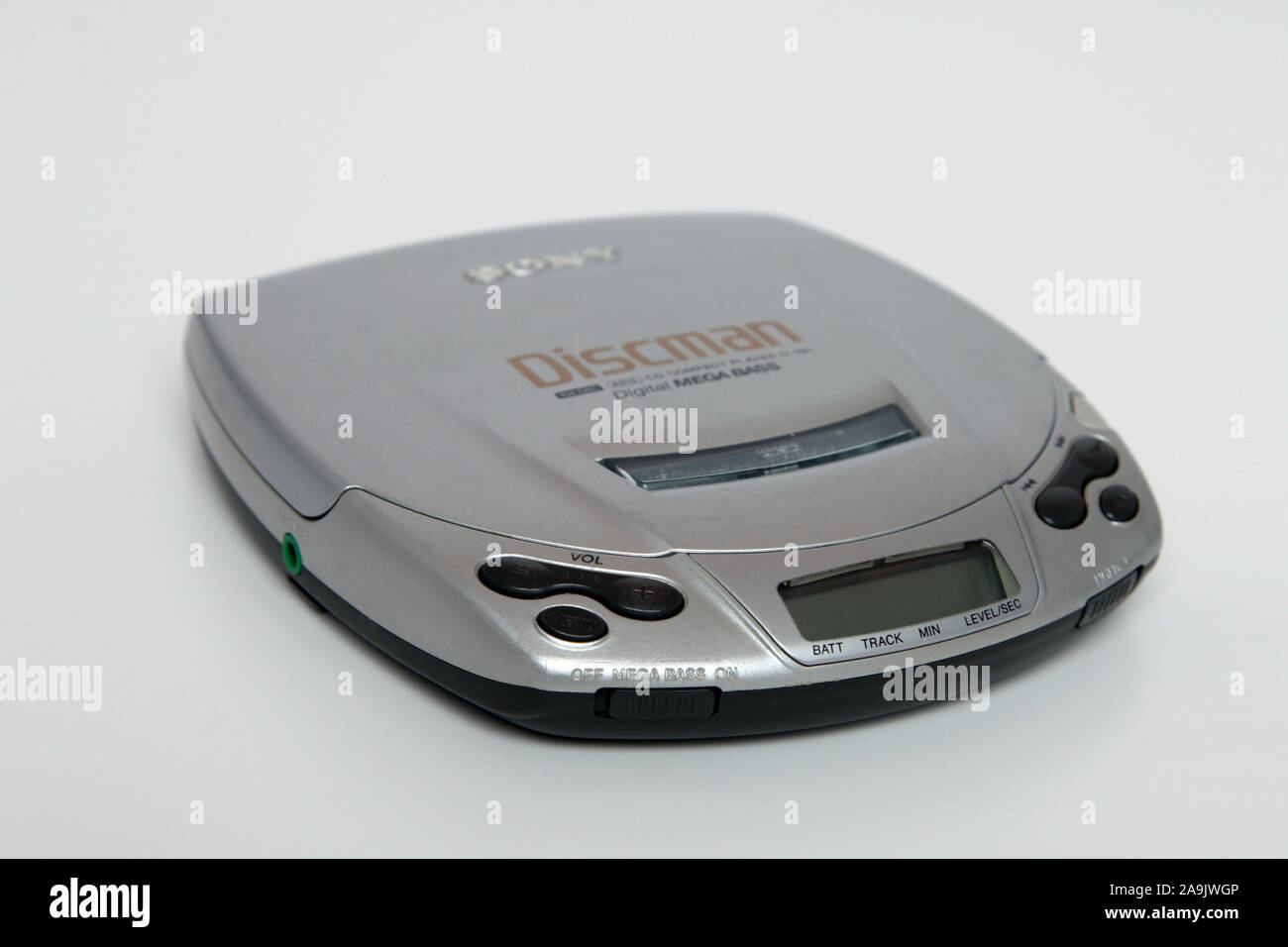SONY D-191 CD Walkman Discman Compact Disc Player Silver Digital Mega Bass, Closed Stock Photo