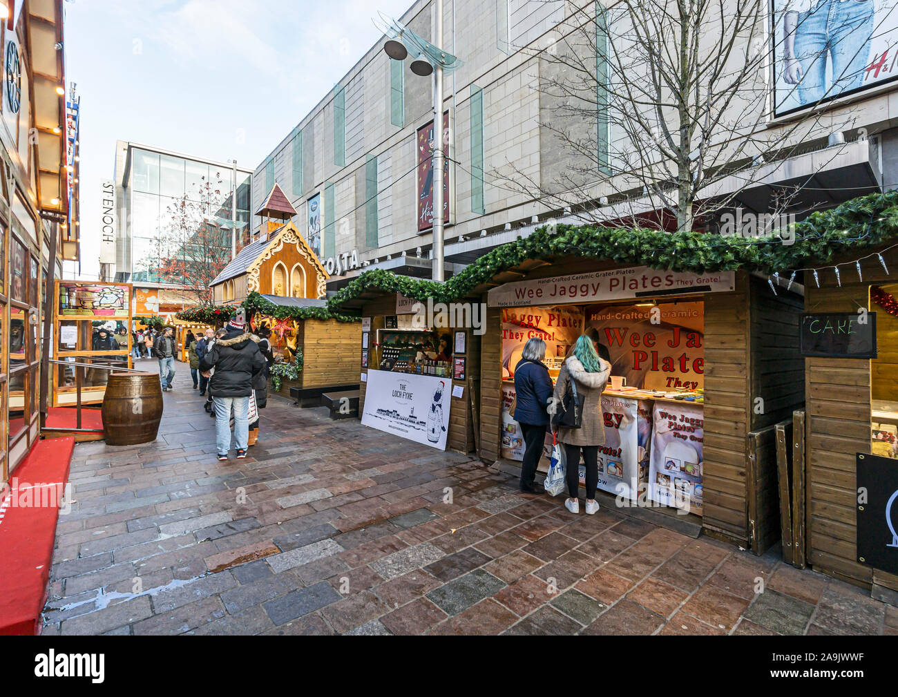 Glasgow Christmas Market 2019 in St Enoch Square Glasgow Scotland with stalls Stock Photo