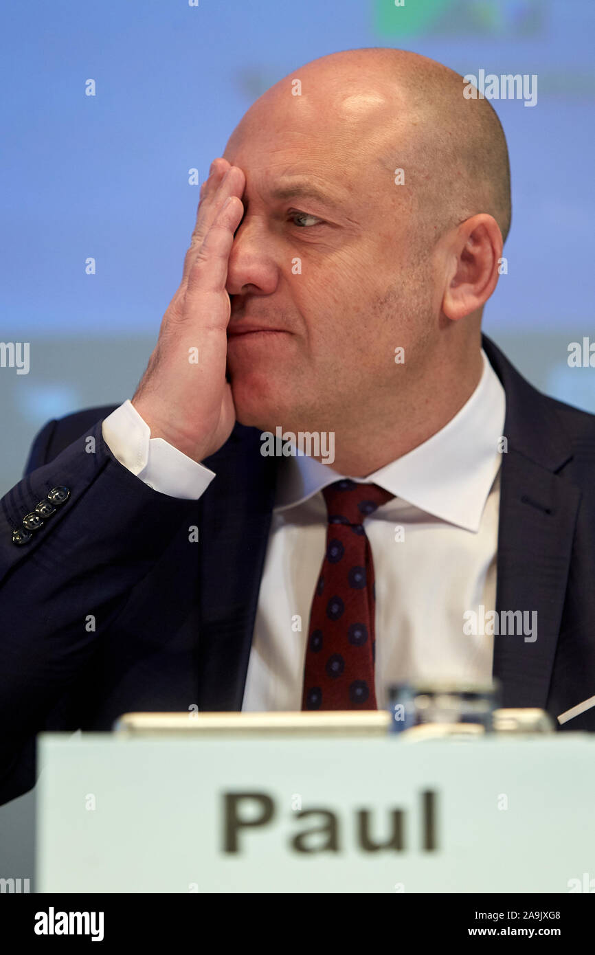 Bingen, Germany. 16th Nov, 2019. The former deputy state chairman Joachim Paul sits on the podium at the state party conference of the AfD Rhineland-Palatinate. Paul cancelled his candidacy for the presidency at short notice. Credit: Thomas Frey/dpa/Alamy Live News Stock Photo