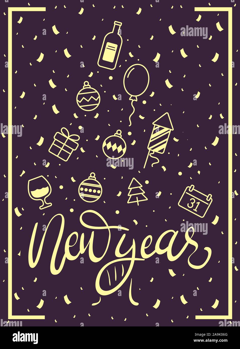 happy new year golden lettering with party icons Stock Vector Image ...