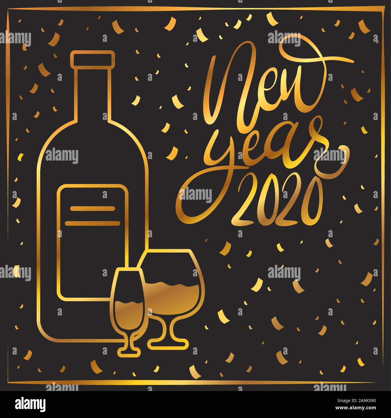 happy new year golden lettering with champagne bottle and cups Stock ...