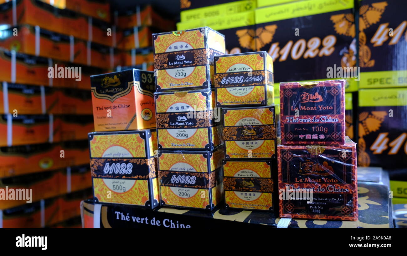 (191116) -- MOHAMMEDIA, Nov. 16, 2019 (Xinhua) -- Photo taken on Nov. 7, 2019 shows the products of Chinese tea brand 'Le Mont Yoto' sold at a Moroccan market in Mohammedia, Morocco. TO GO WITH 'Feature: Chinese tea brand strives to explore Moroccan market' (Xinhua/Chen Binjie) Stock Photo