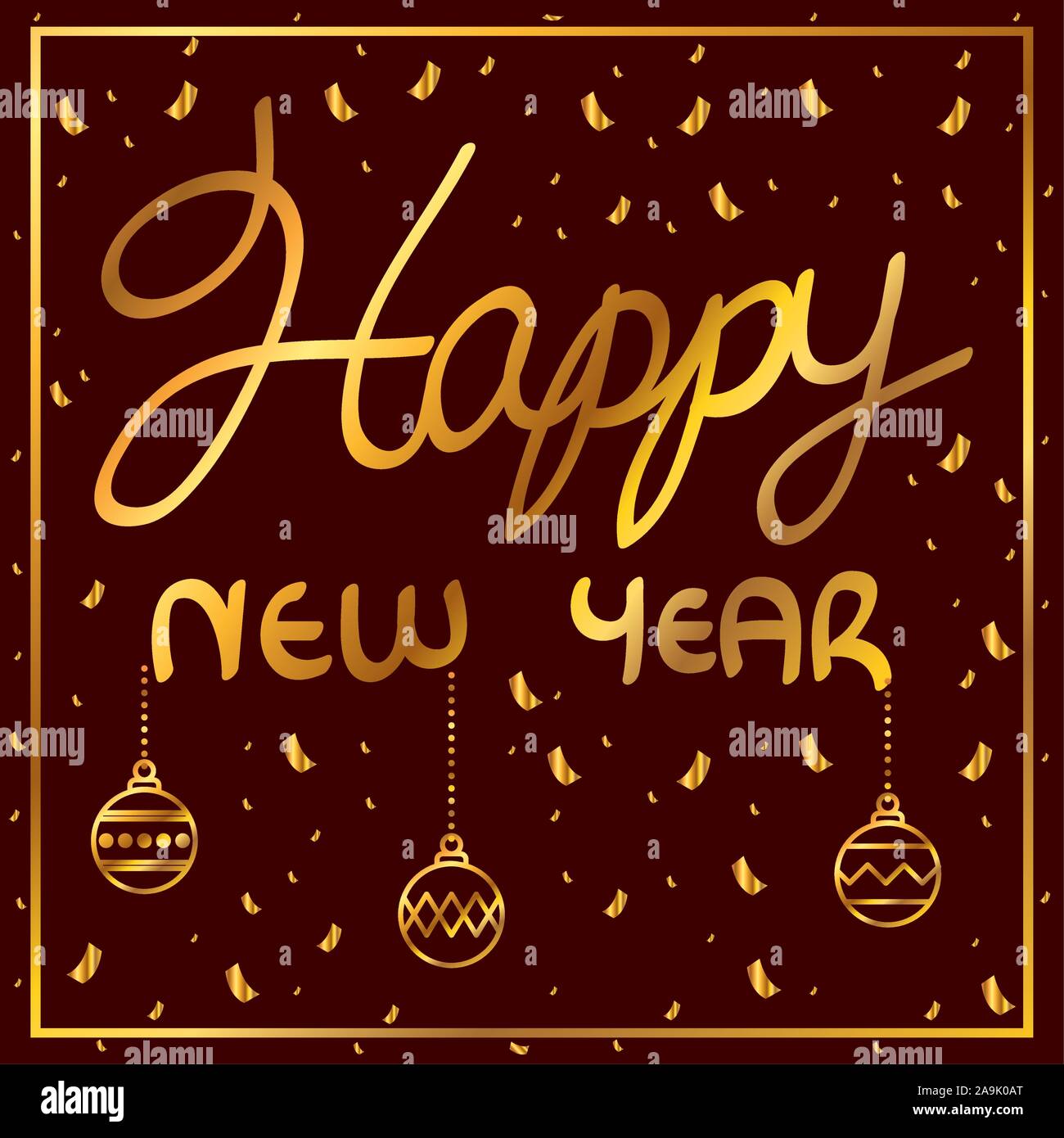 happy new year golden lettering with balls hanging Stock Vector Image ...