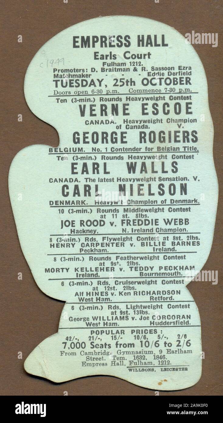 Programme for boxing Heavyweight Contest at Empress Hall, Earls Court, London on Tuesday 25th October  1940s Stock Photo