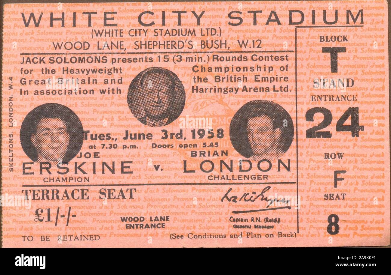 Terrrace Seat ticket for Boxing match between Joe Erskine versus Brian London at White City Stadium on 3rd June 1958 Stock Photo