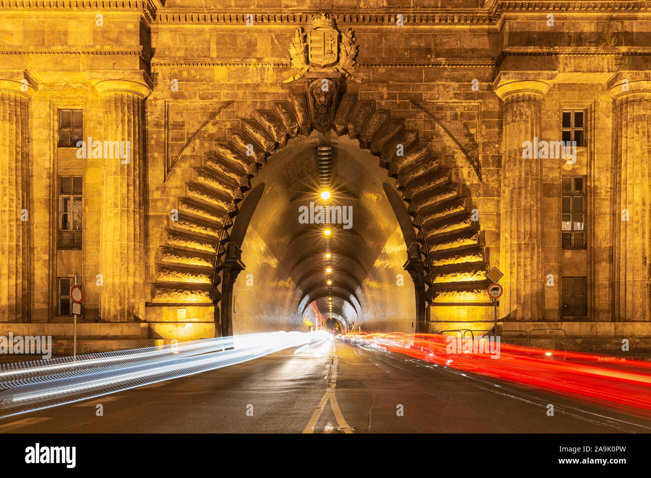 Entrance Buda Castle Tunnel Budapest, Hungary - Long exposure photo evening Stock Photo