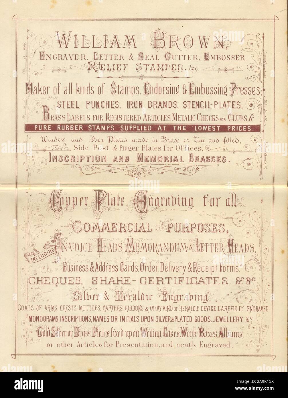 Inside of advertising leaflet for William Brown Ornamental Writer and Illuminator 1882 Stock Photo