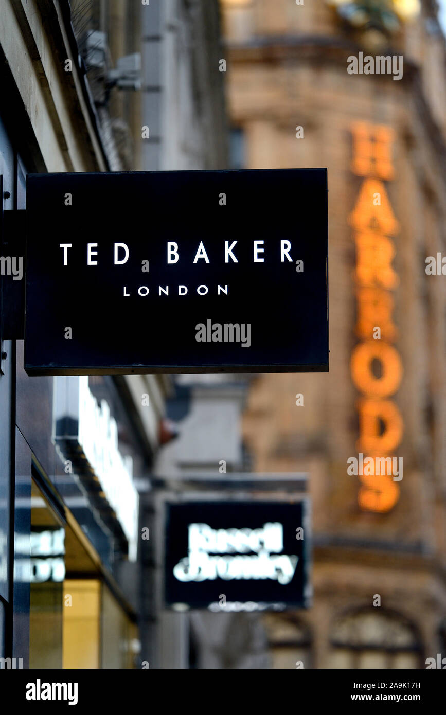 London, England, UK. Ted Baker, Russell & Bromley and Harrods shop signs in  Knightsbridgs Stock Photo - Alamy