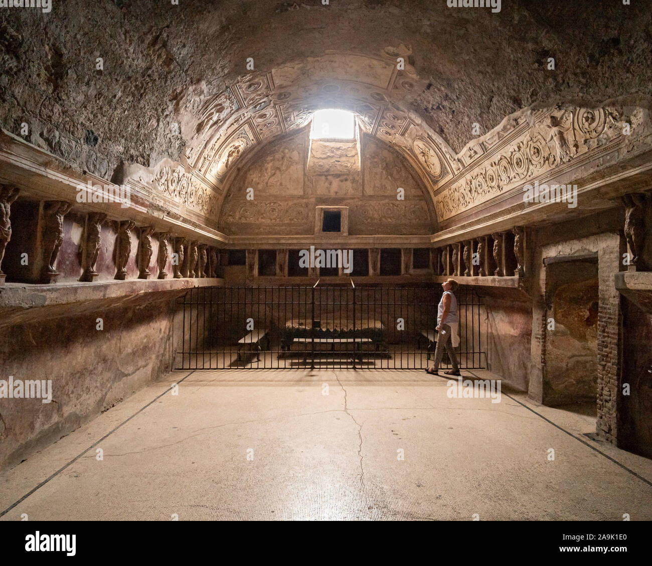 Pompei. Italy. Archaeological site of Pompeii. Tepidarium in the Terme del Foro (Forum Baths), the walls are lined with niches for ointments and towel Stock Photo