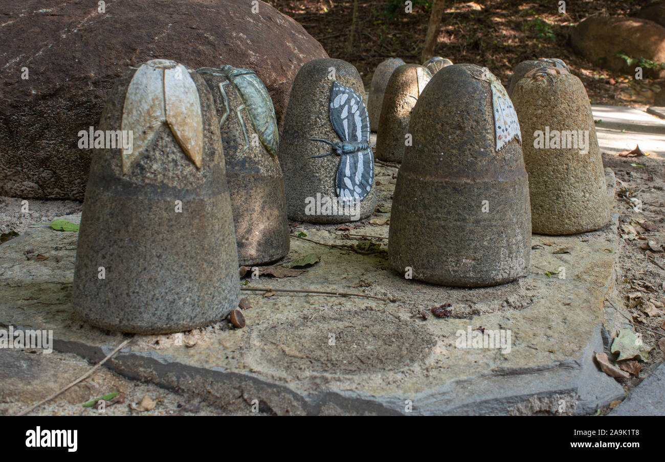 Chennai, Tamil Nadu / India - November 02 2019 : View of the stones with art work of different species in Tholkappia Poonga (also known as Adyar Eco P Stock Photo