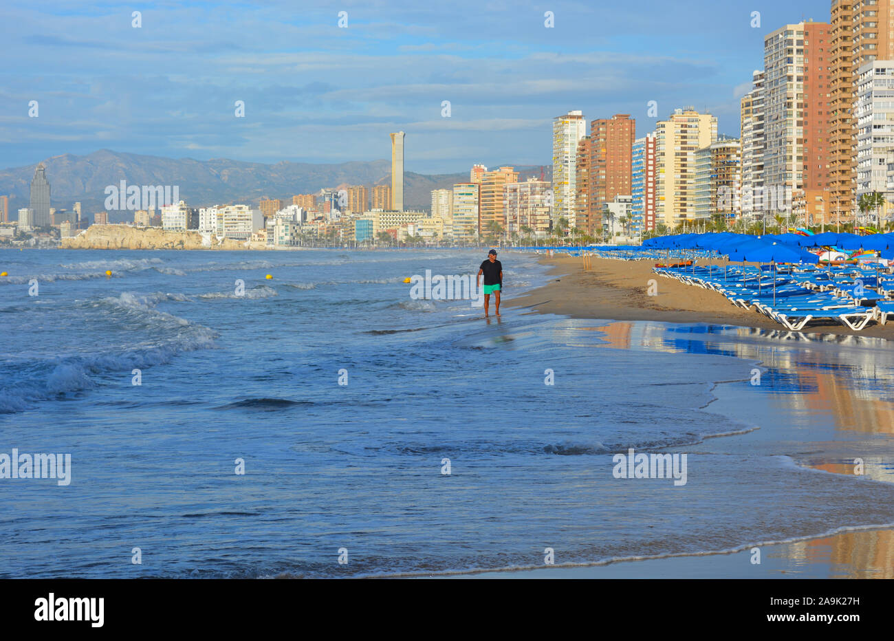 Benidorm City Skyline And Playa Levante Beach Early Morning With