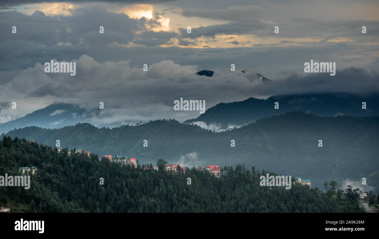 Misty mountains during the monsoon season in the Himalayas. Hills ...