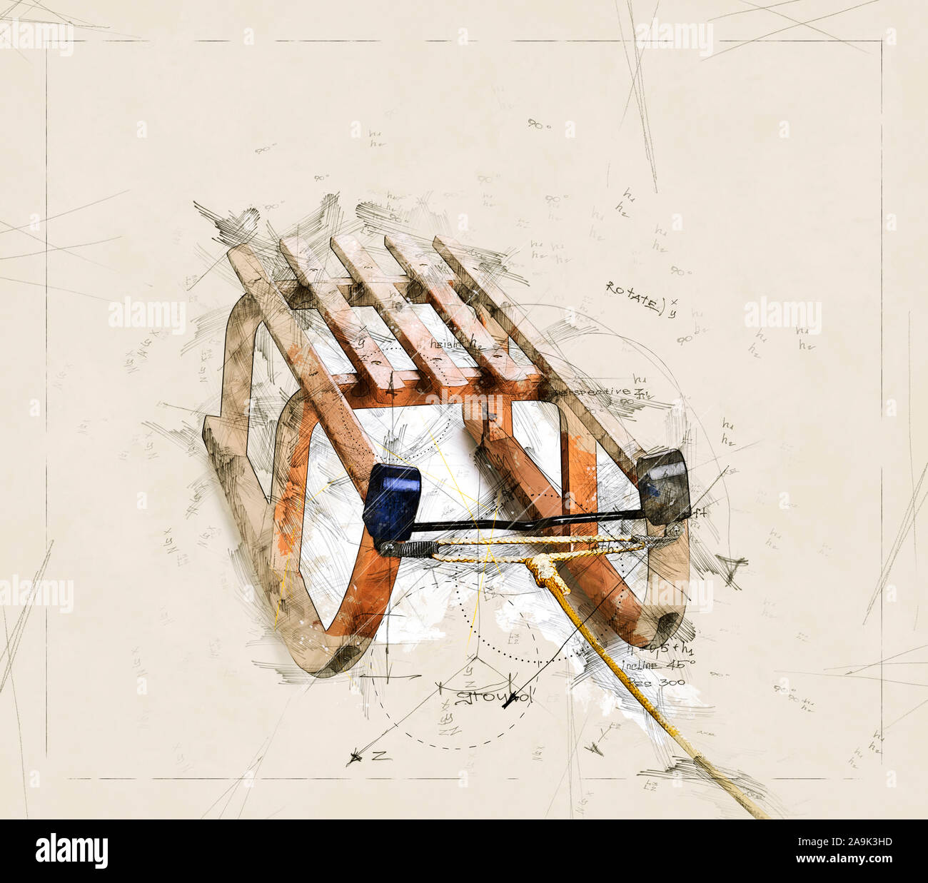 Illustration sketch and Layout of a wooden sledge Stock Photo - Alamy