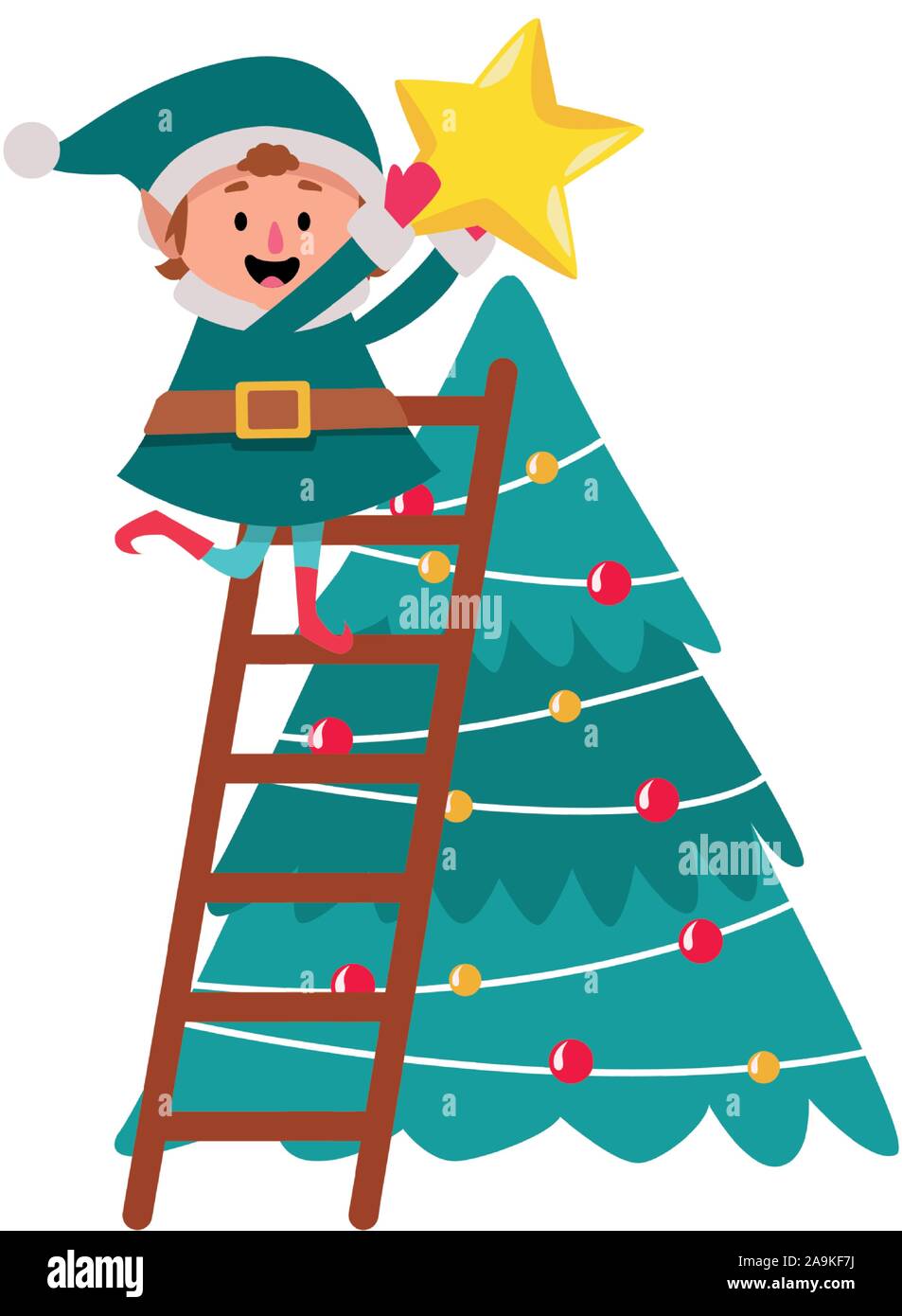 christmas elf putting a star on the christmas tree Stock Vector Image