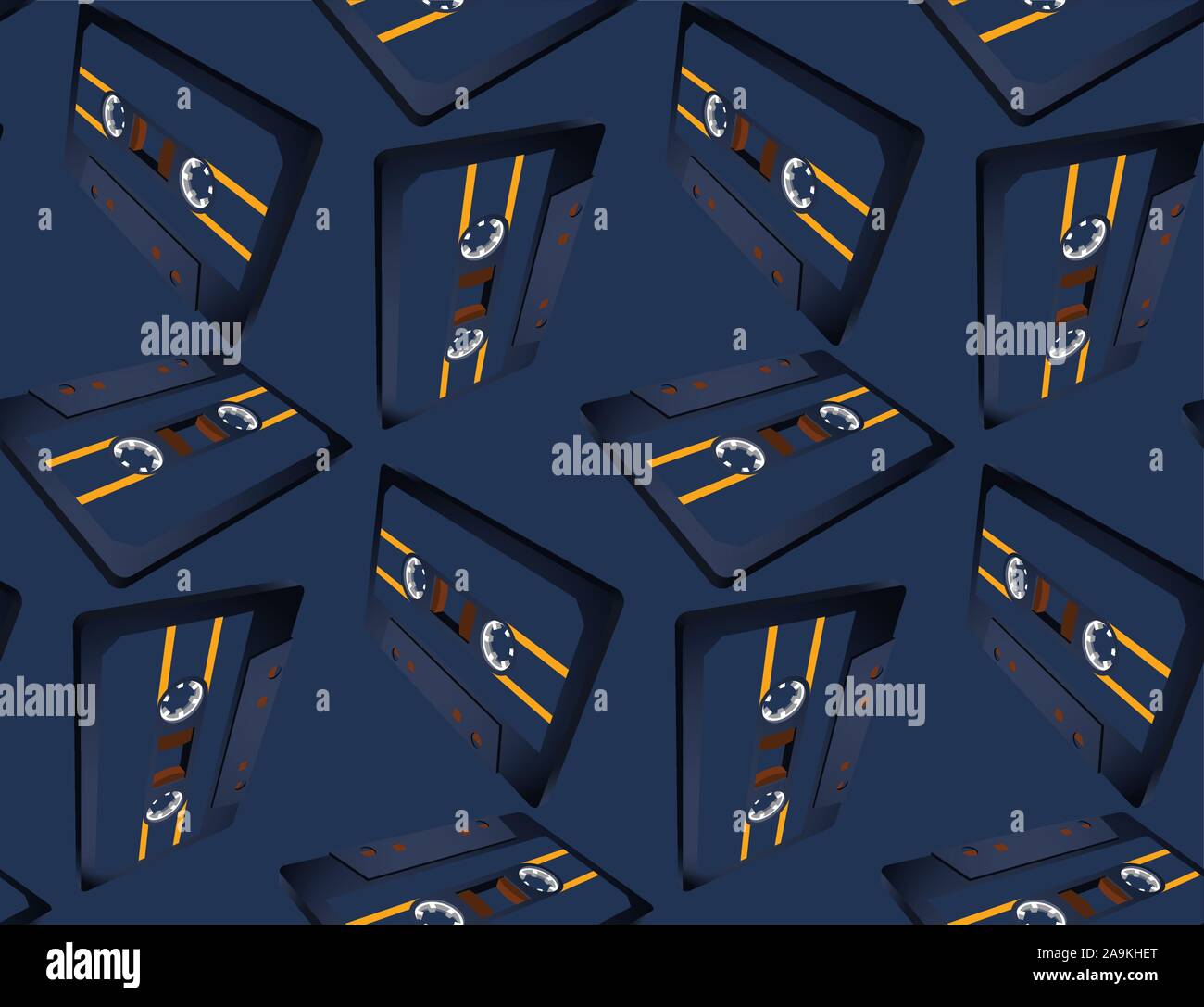 Compact cassette seamless pattern with floating or flying tape in perspective view Stock Vector