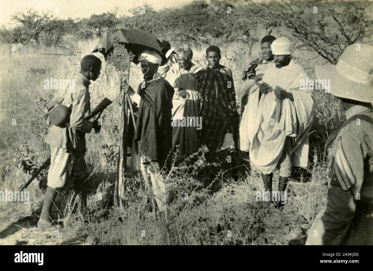 Italian colonial military with the notables of the tribe , East Africa Stock Photo