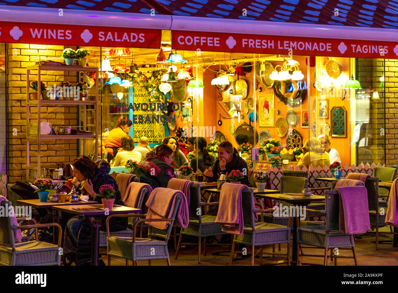 Comptoir Libanais restaurant in the evening in the Duke of York Square, Chelsea, London, UK Stock Photo