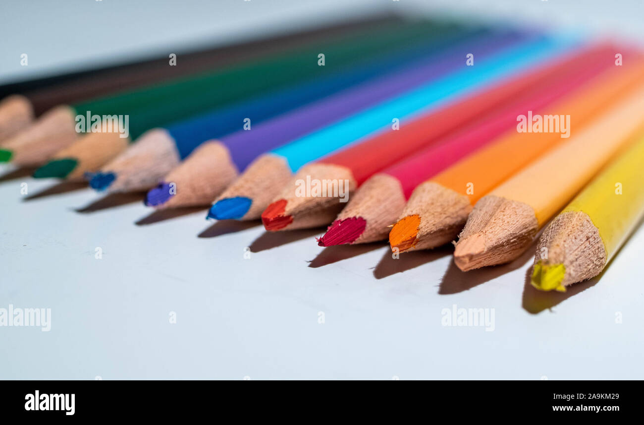 Close up of color pencil with different colors.Color pencils isolated on white background. Stock Photo
