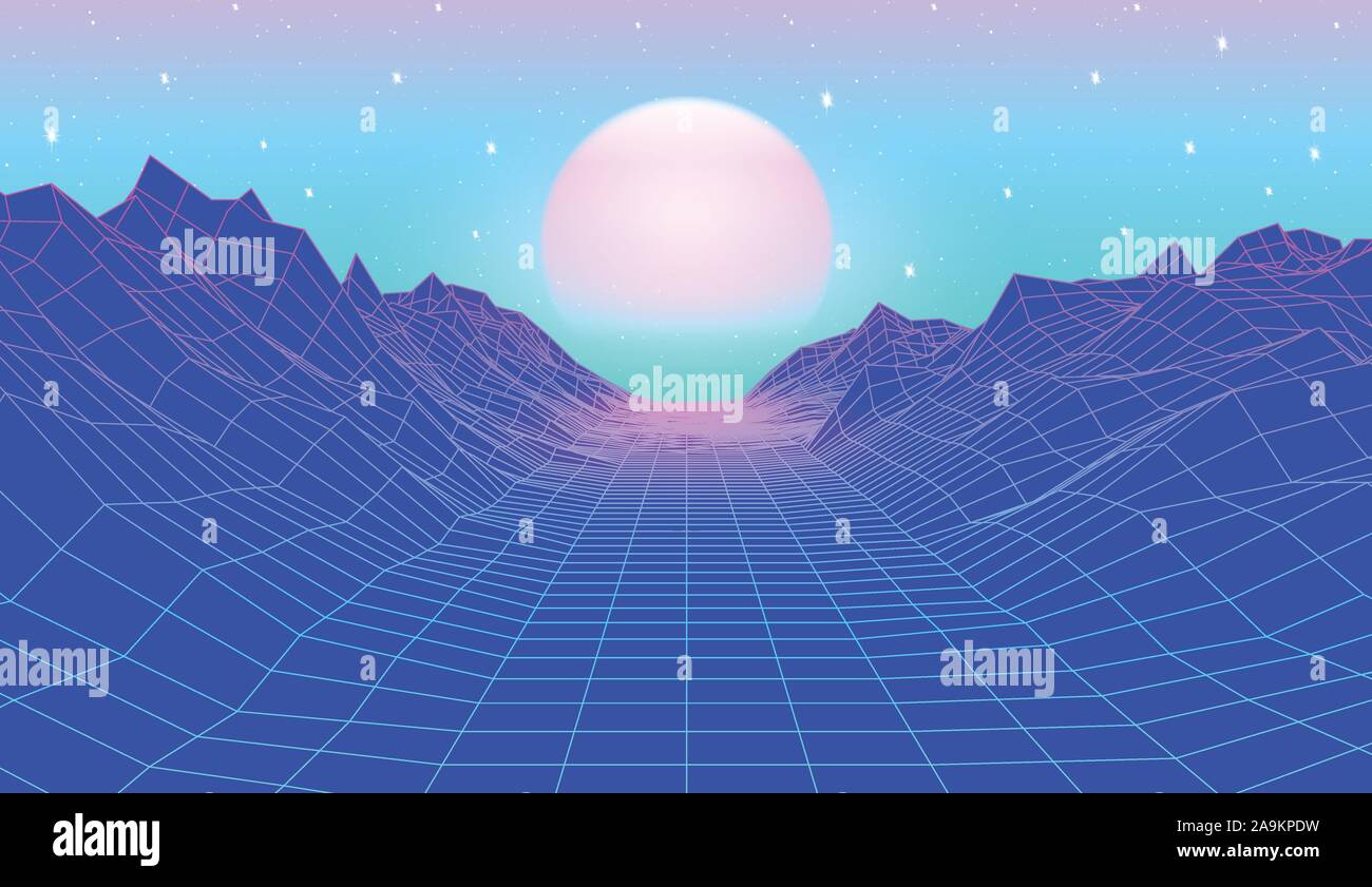 80s synthwave styled landscape with blue grid mountains and sun over ...
