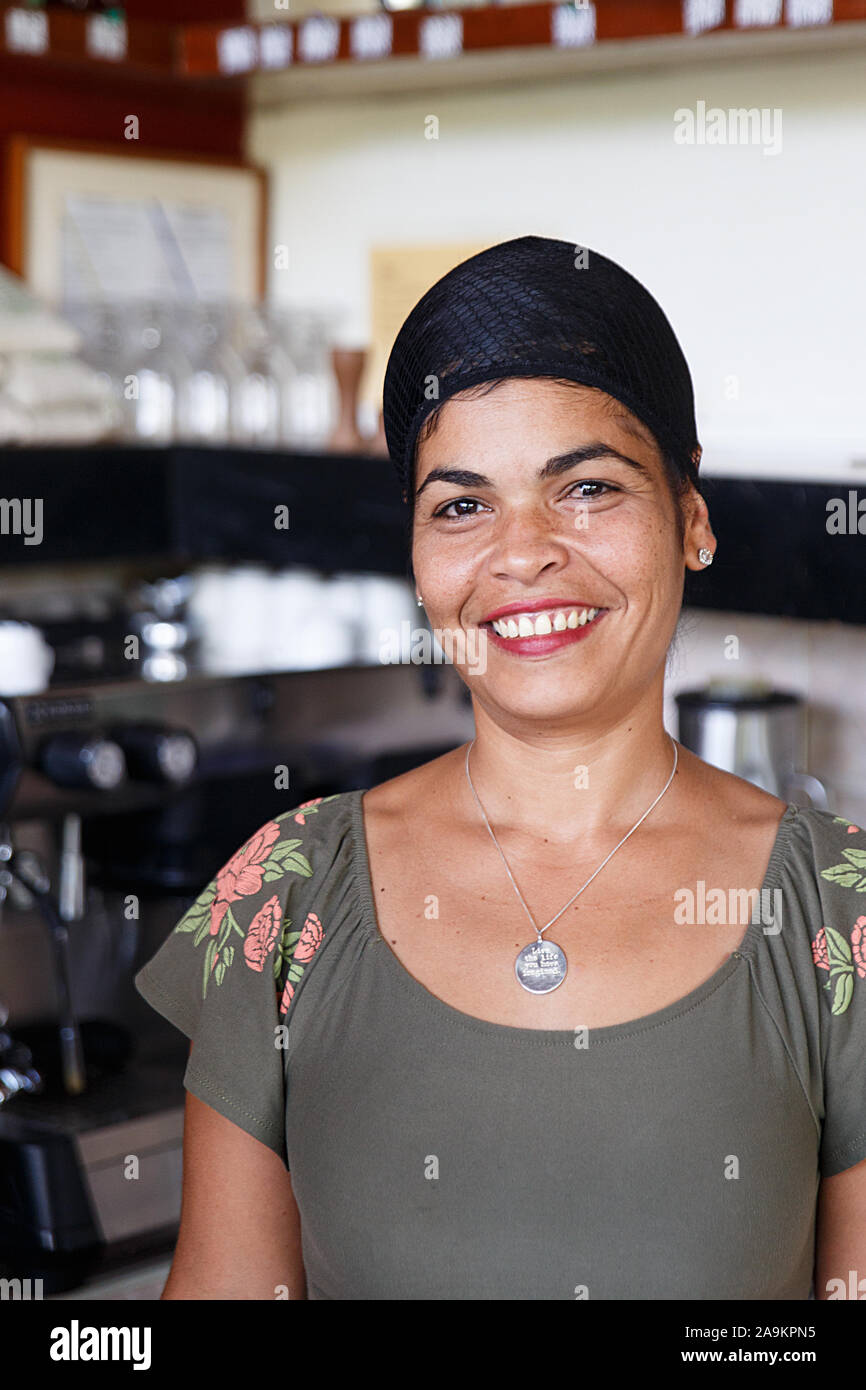 Waitress serving coffee in Las Terrazas, Artemisa - Cuba Stock Photo